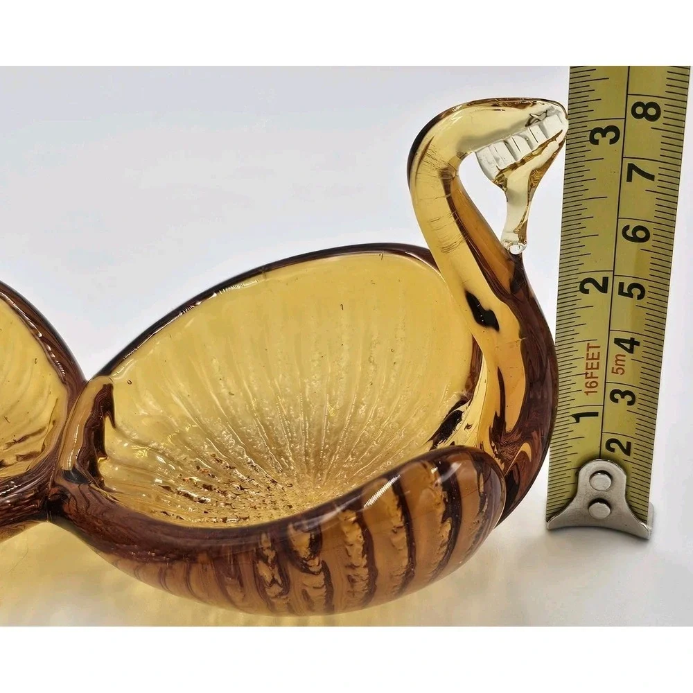 Amber Art Glass Double Bowl Swan Handle Murano Style Mid Century Decorative Dish